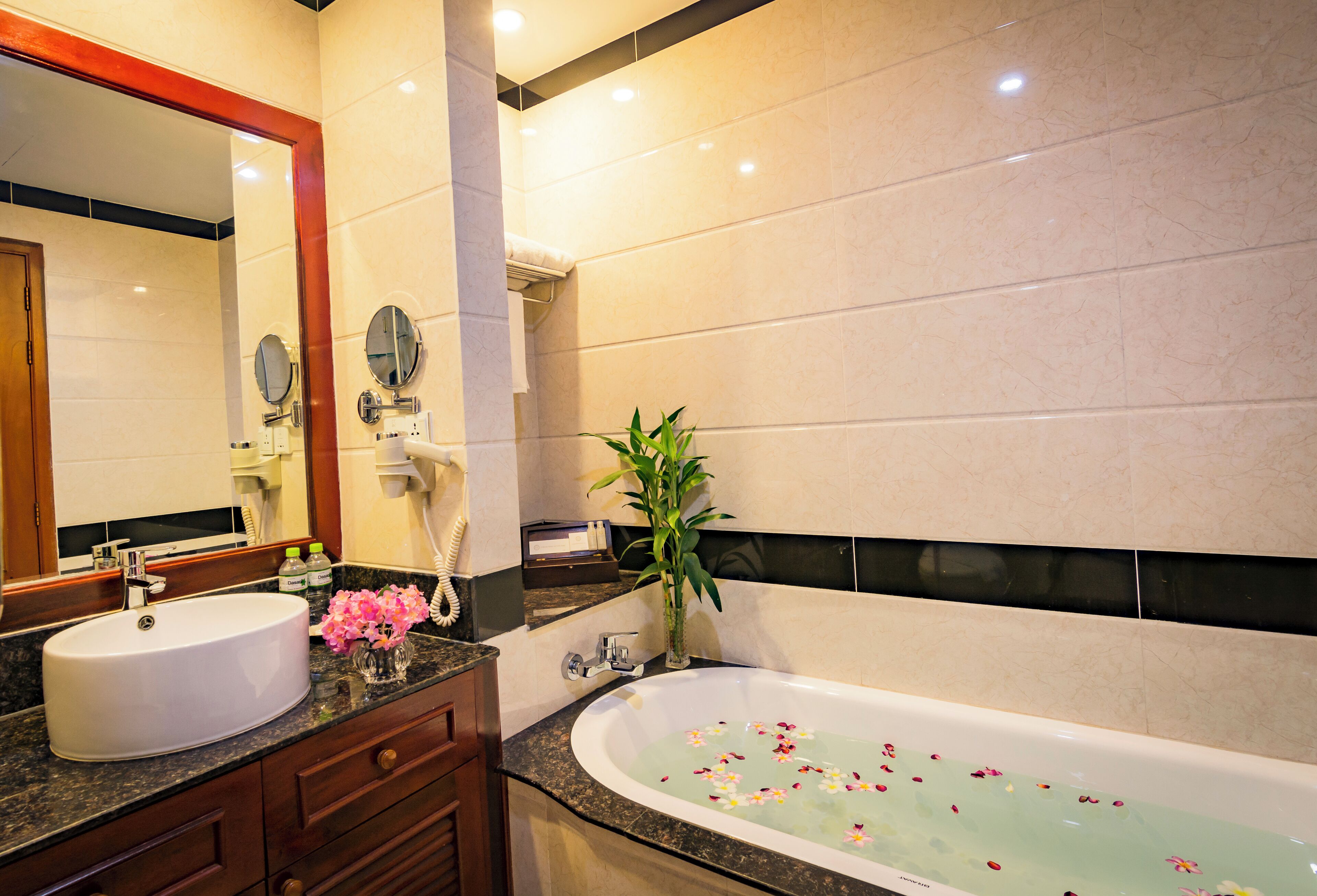 free toiletries, hair dryer, bathrobes, slippers