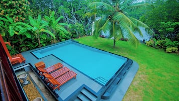 Outdoor pool, pool umbrellas, pool loungers