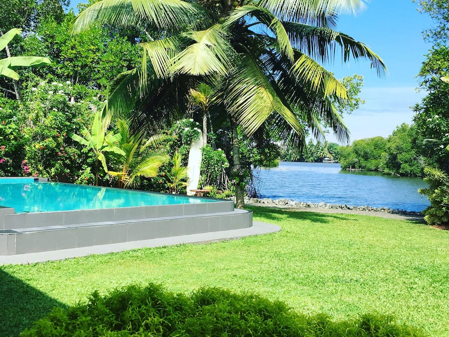 A swimming pool surrounded by lush greenery and a body of water.