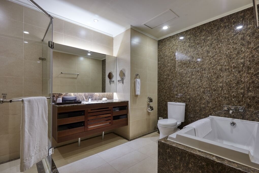 A modern bathroom with a glass shower, a vanity with a mirror, a toilet, and a bathtub.