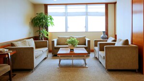 A spacious living room with a large window, two sofas, a coffee table, and a potted plant.