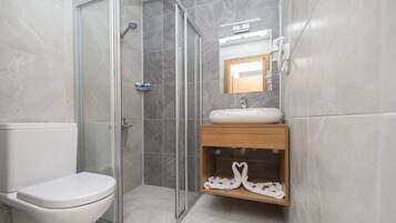 A modern bathroom with a glass-enclosed shower, a white toilet, and a wooden vanity with a mirror.