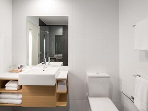 Shower, eco-friendly toiletries, hair dryer, towels