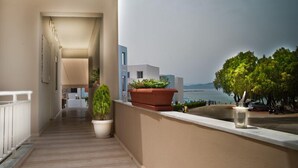 Un balcon avec vue sur la mer, des plantes en pot et un ciel dégagé.