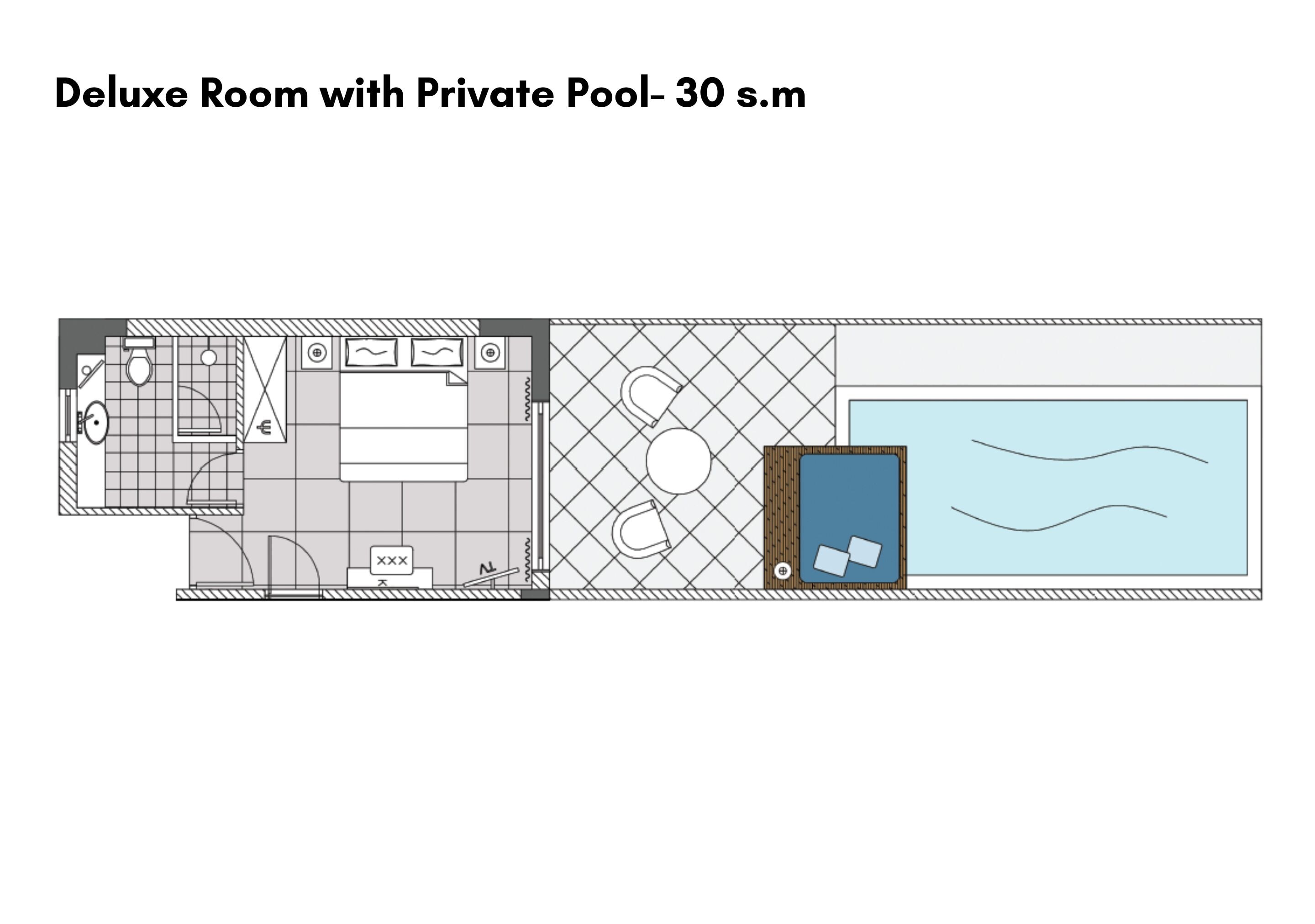 A floor plan of a deluxe room with a private pool, including a bathroom, a living area, and a bedroom.