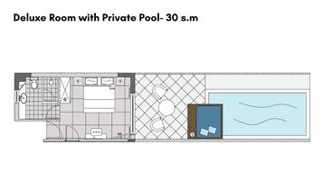 A floor plan of a deluxe room with a private pool, including a bathroom, a living area, and a bedroom.
