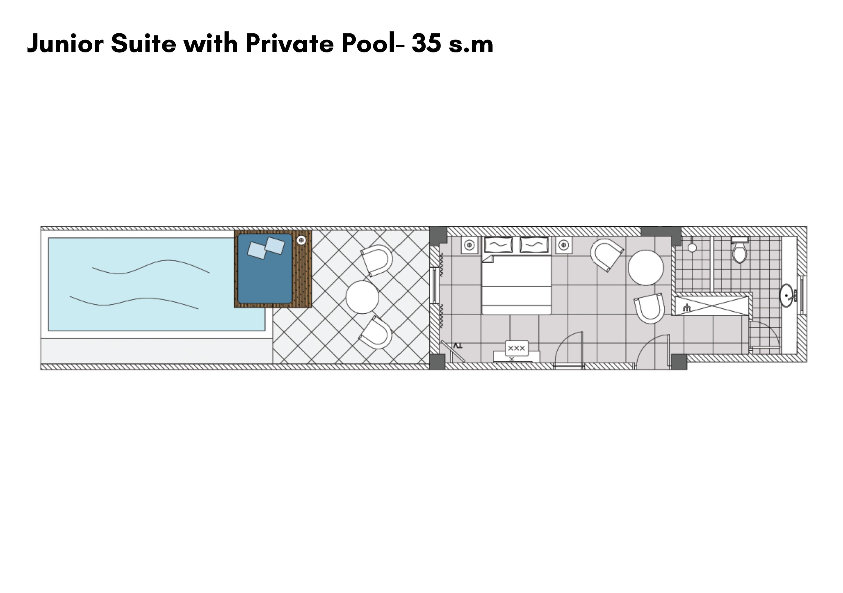 Une suite de catégorie inférieure dotée d’une piscine privée et comprenant une salle de bain avec douche, toilettes et lavabo.