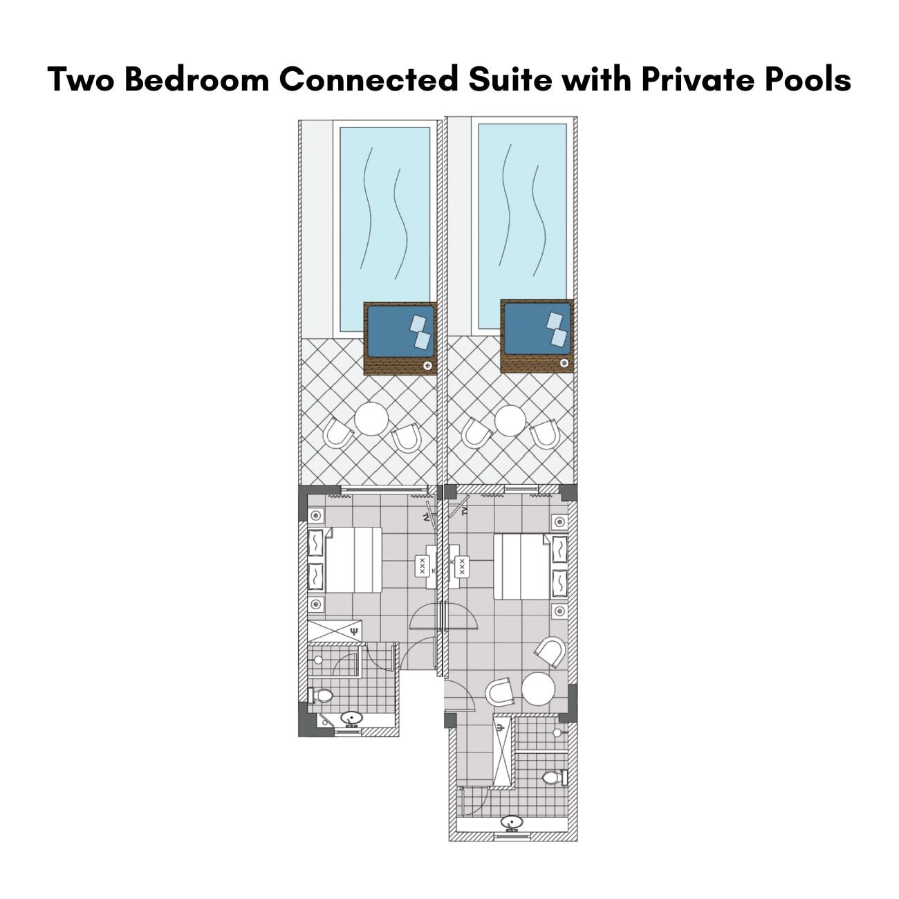 Suite conectada de dos dormitorios con piscinas privadas, baño, cocina y sala de estar.