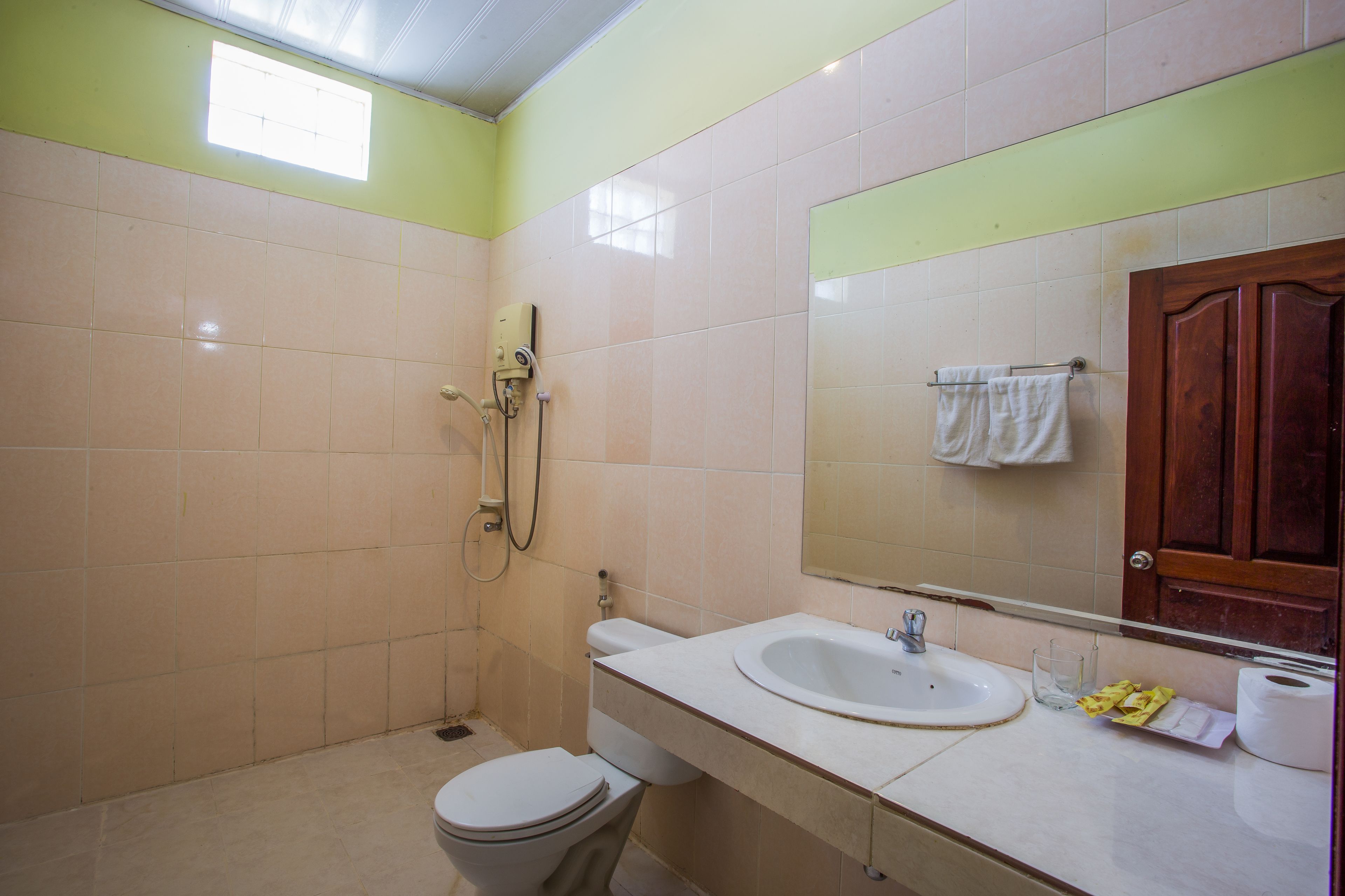 Une salle de bain avec des toilettes, un lavabo et une douche.