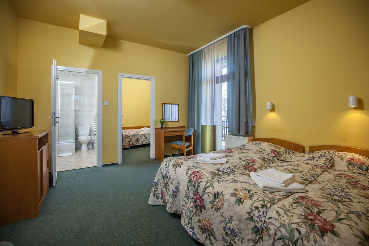 A hotel room with a bed, a desk, a chair, a television, and a bathroom.