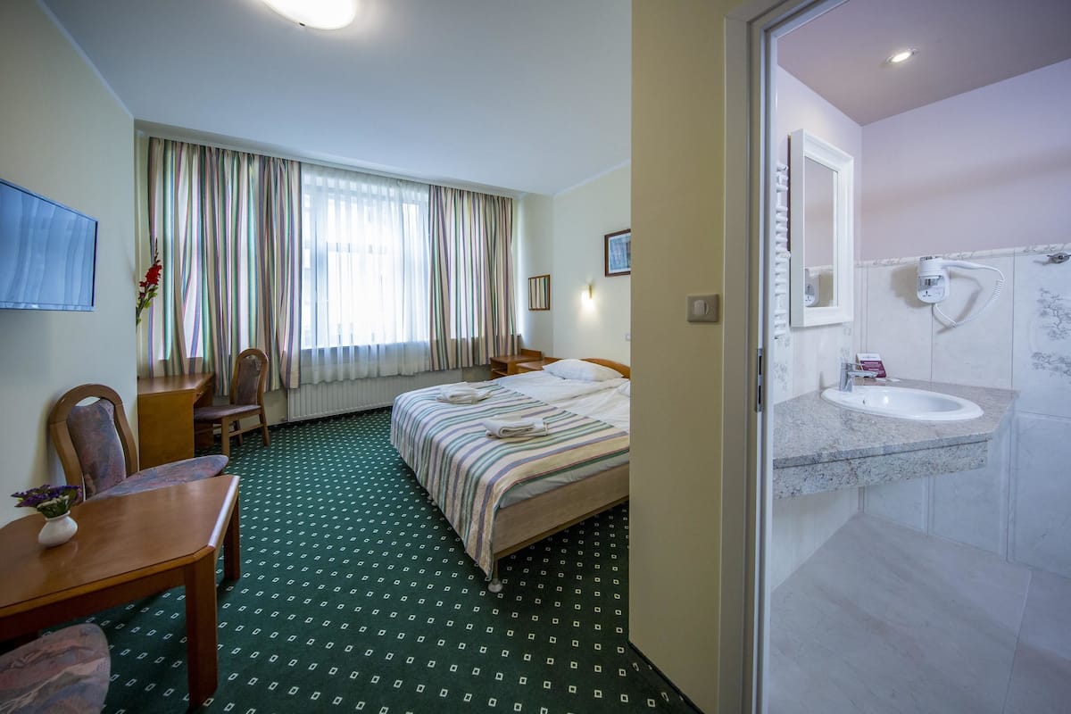 A hotel room with a bed, a desk, a chair, a TV, and a bathroom with a sink and mirror.