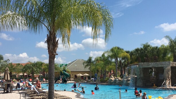 A pool area with lounge chairs, palm trees, and a water slide.