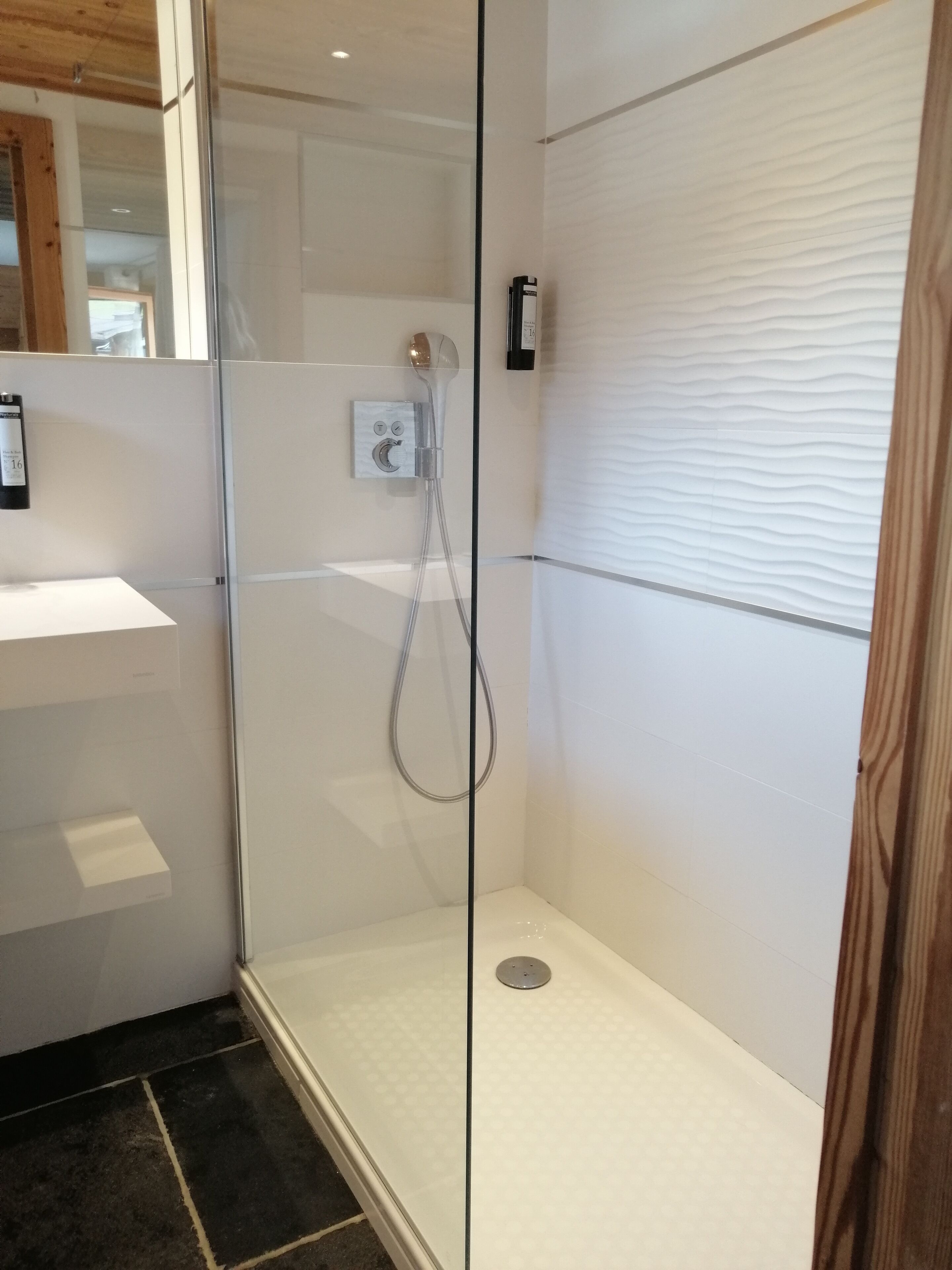 Un espace douche clos par des parois de verre, équipé d’un pommeau de douche à main, d’un panneau de commande et d’un petit drain.