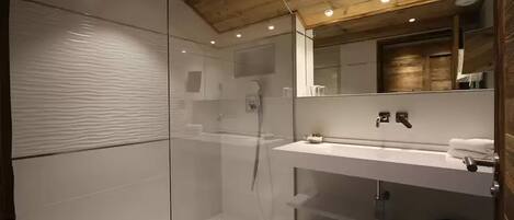 A modern bathroom with a glass shower enclosure, a white sink, and a large mirror.
