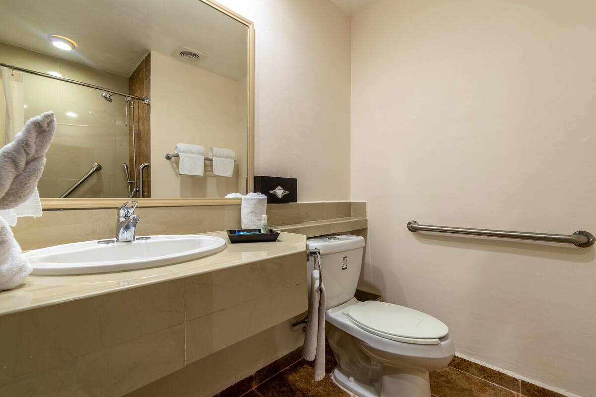 A bathroom with a sink, mirror, toilet, and a grab bar.