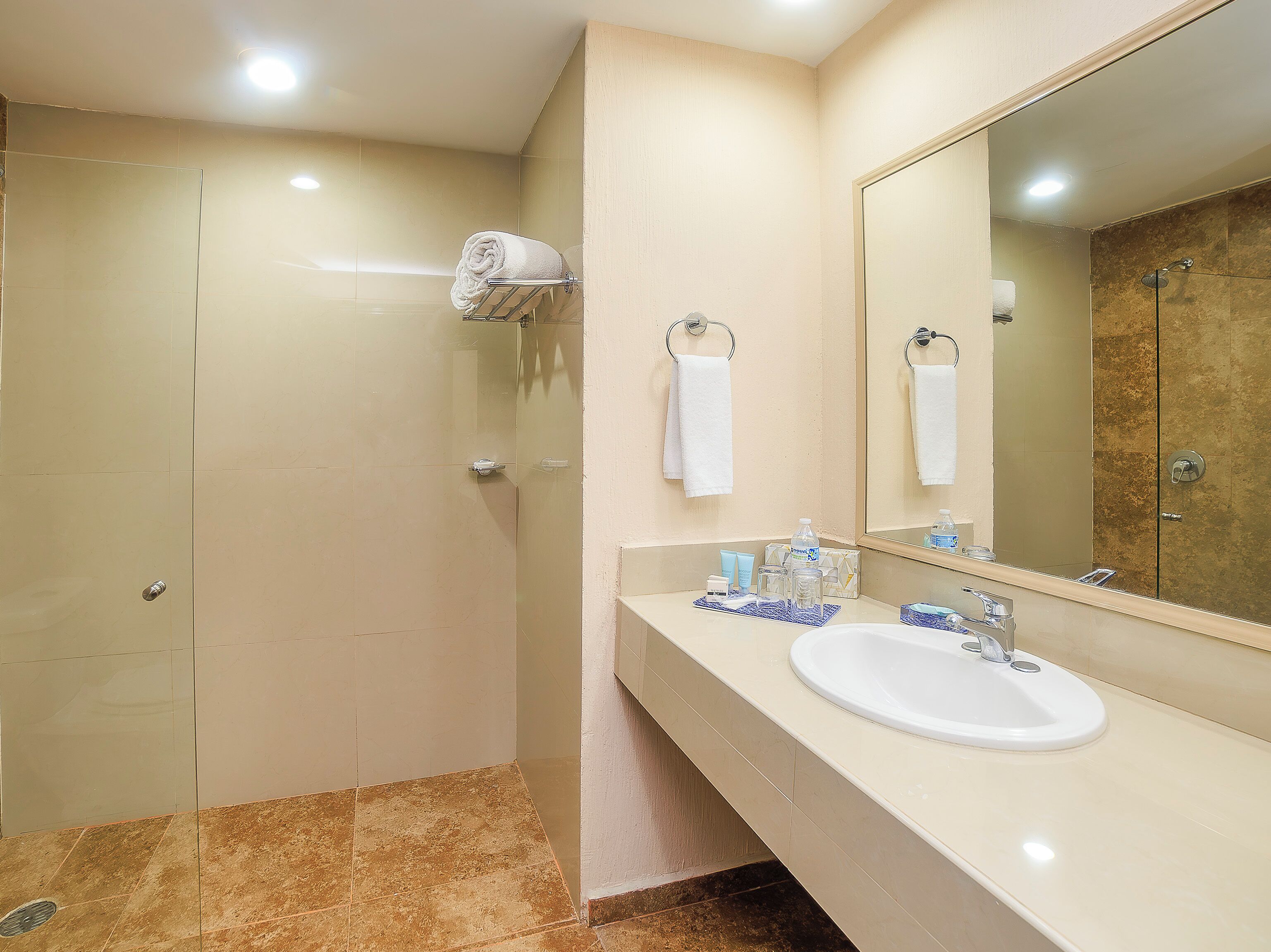 Un baño con ducha, lavamanos y espejo.