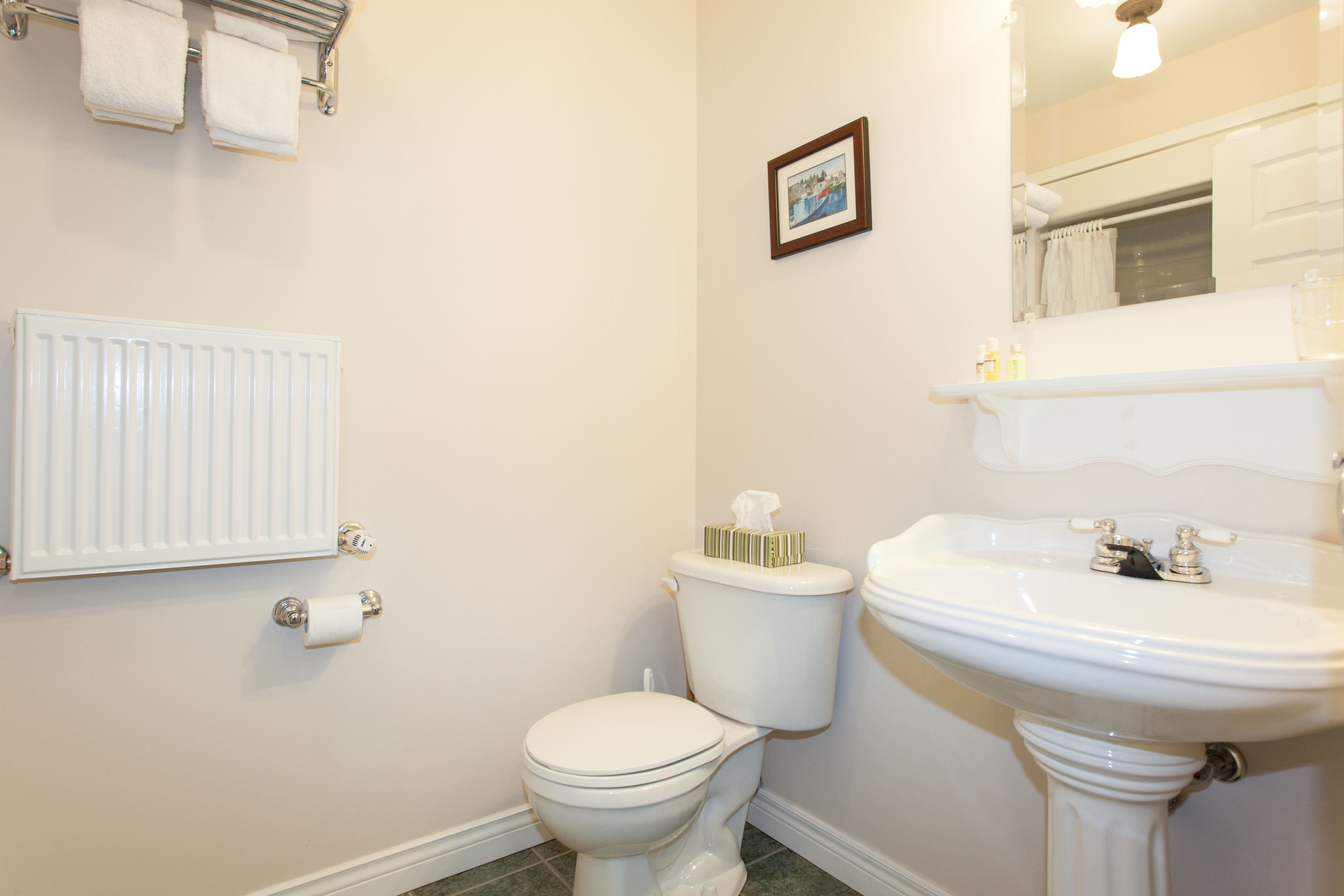 Une salle de bain comprenant des toilettes, un lavabo, un radiateur et un tableau encadré accroché au mur.
