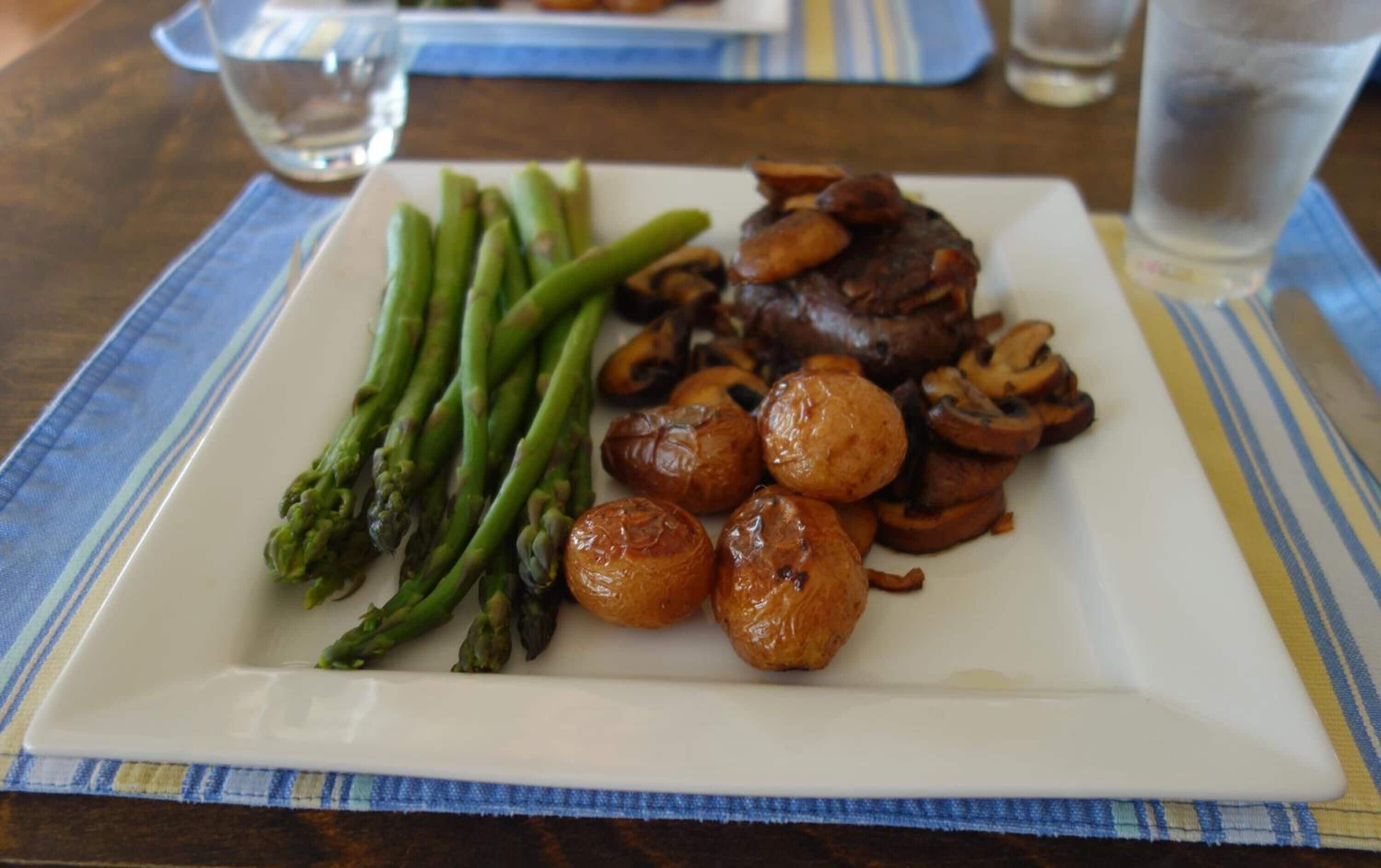 A plate with asparagus, mushrooms, and roasted potatoes.