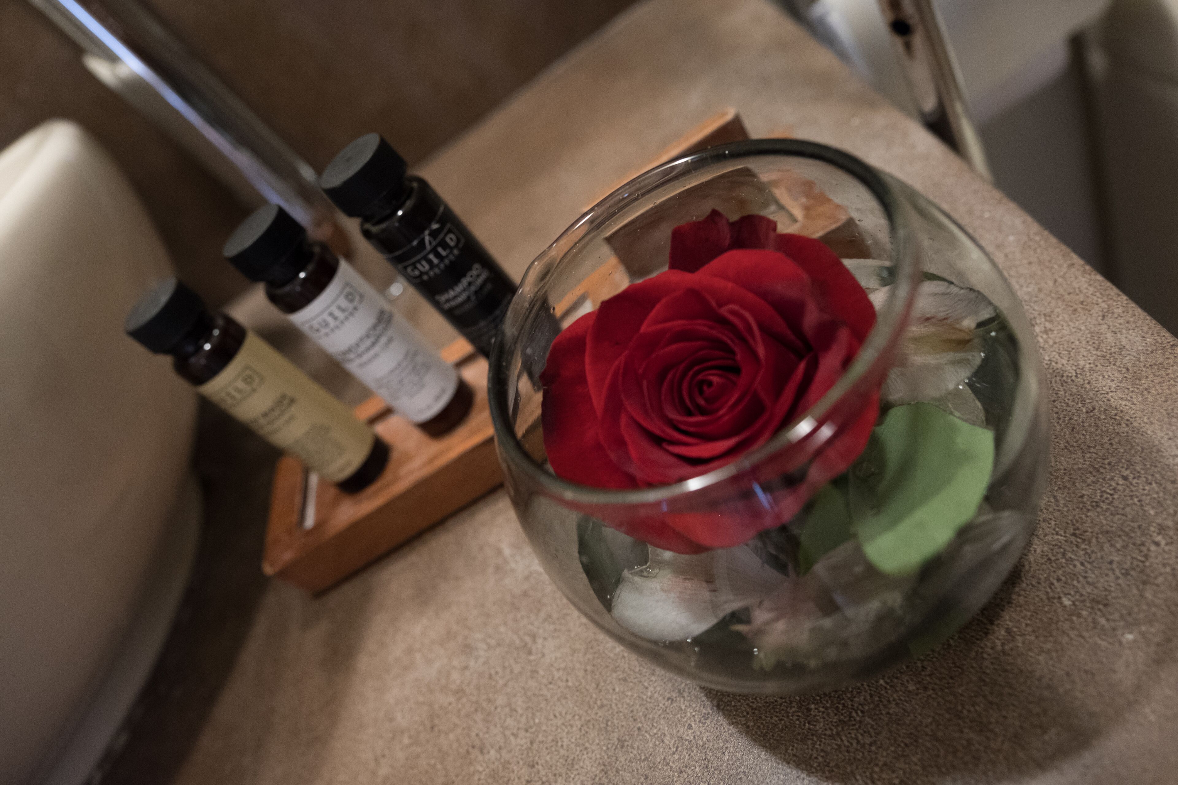 designer toiletries, hair dryer, bathrobes, towels