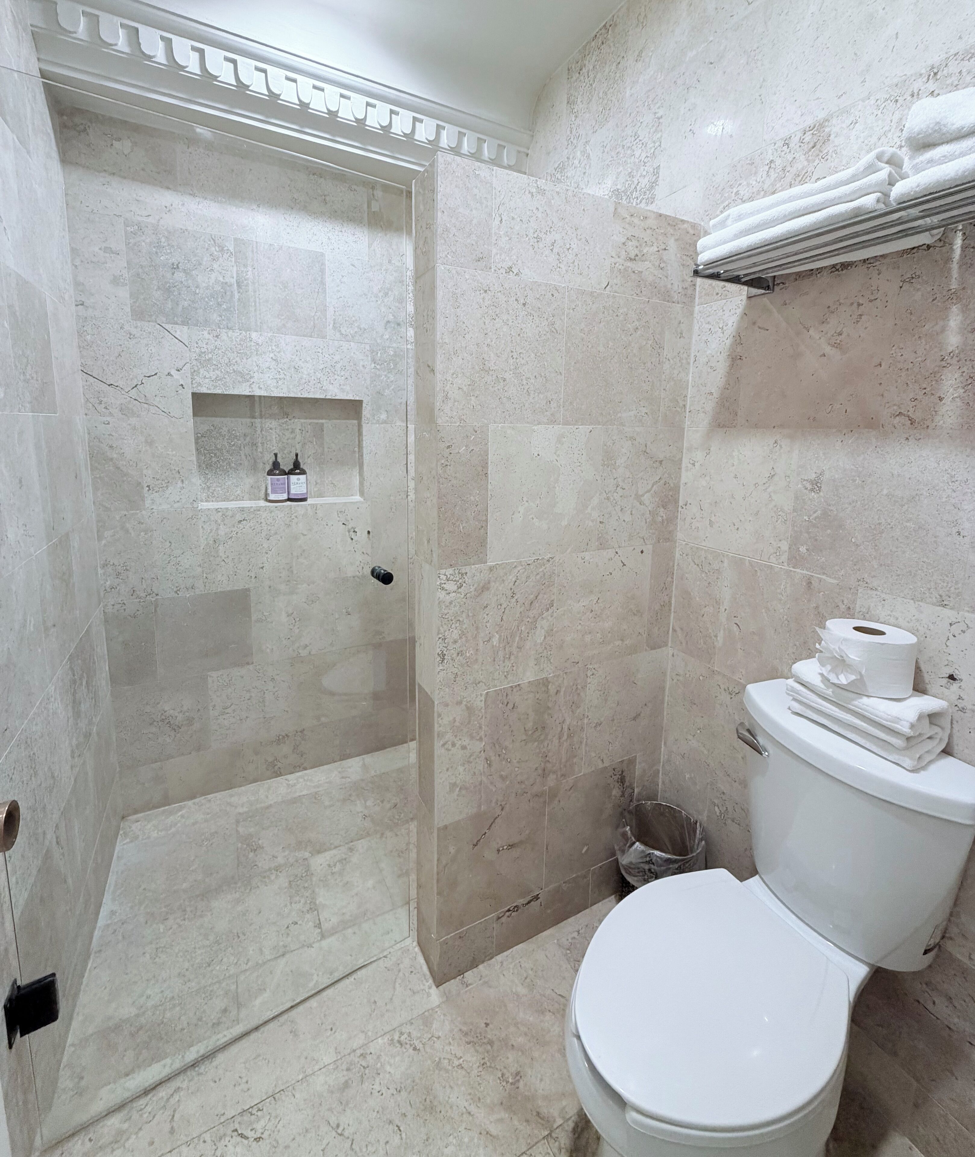 A bathroom with a shower, toilet, and a shelf with toiletries.