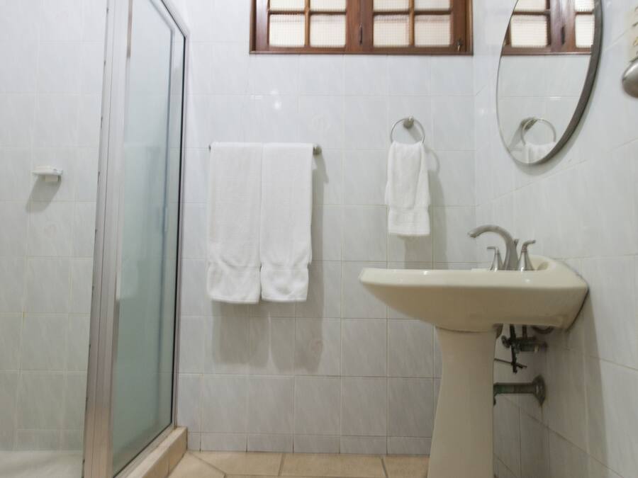 Een badkamer met een douchecabine van glas, een wastafel en een raam met houten kozijnen.