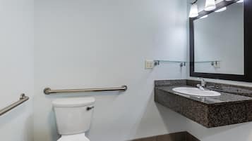 Un baño con inodoro blanco, lavamanos de granito, espejo y barandilla.