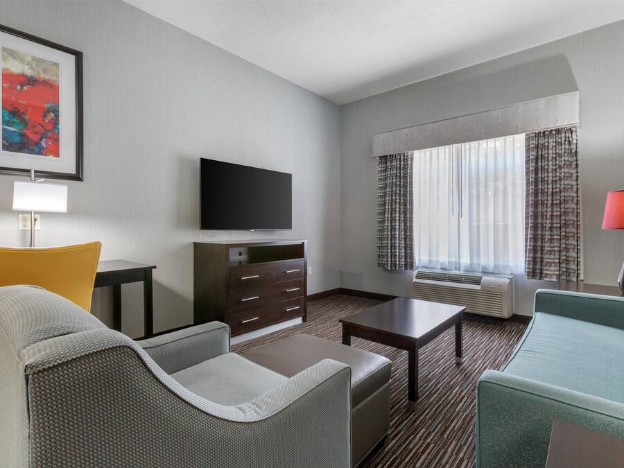 Habitación de hotel con televisión de pantalla plana, sofá, sillón, mesa, lámpara y ventana con cortinas.
