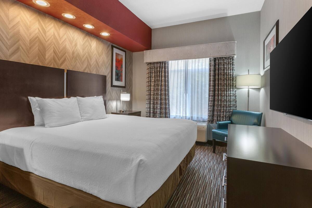 A hotel room with a large bed, a desk, a chair, a TV, and a window with curtains.
