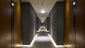 A hotel corridor with wooden doors, numbered room signs, and a patterned carpet. - Timbre Heroismo (Porto)