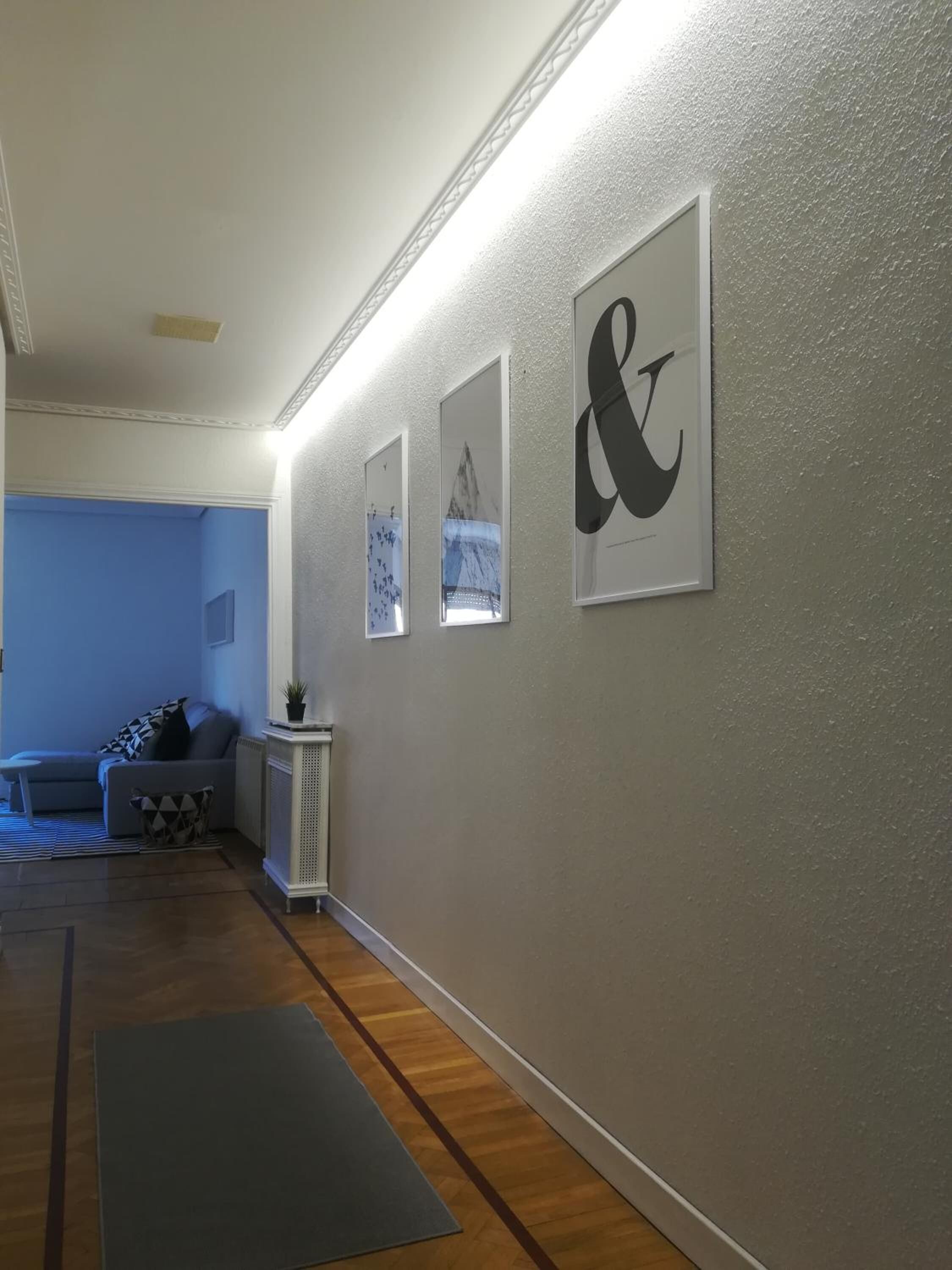 A hallway with a grey wall, wooden flooring, and a blue sofa in the background.