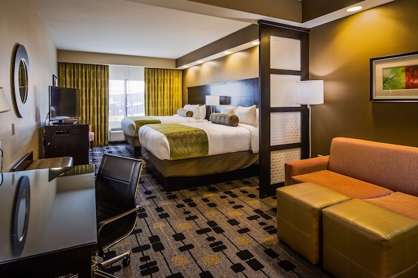 Pillow-top beds, desk, laptop workspace, iron/ironing board