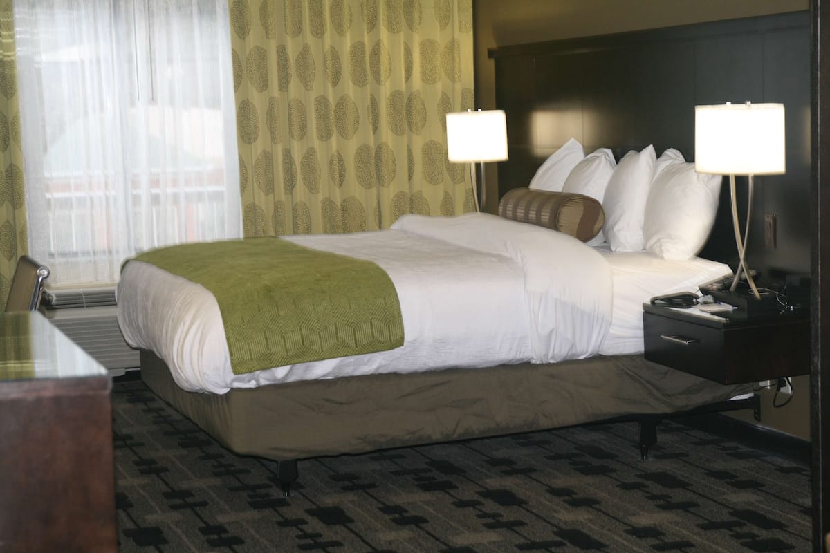 A hotel room with a bed, bedside tables, lamps, a radiator, and patterned curtains.