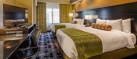 Pillow-top beds, desk, laptop workspace, iron/ironing board