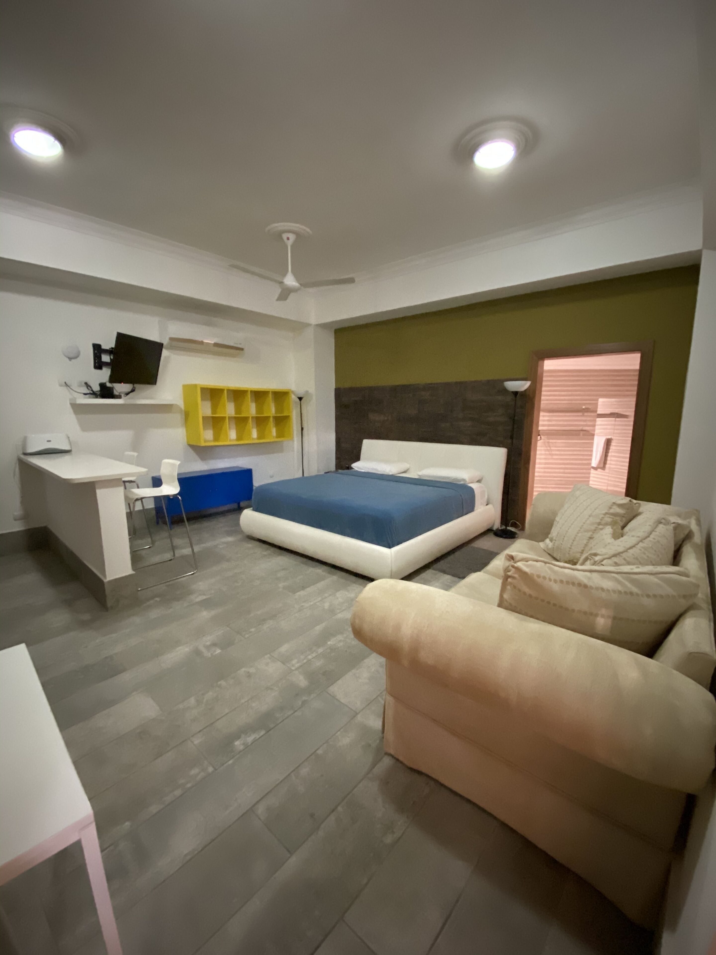 Una camera da letto moderna con un letto, una scrivania, una sedia e un divano.