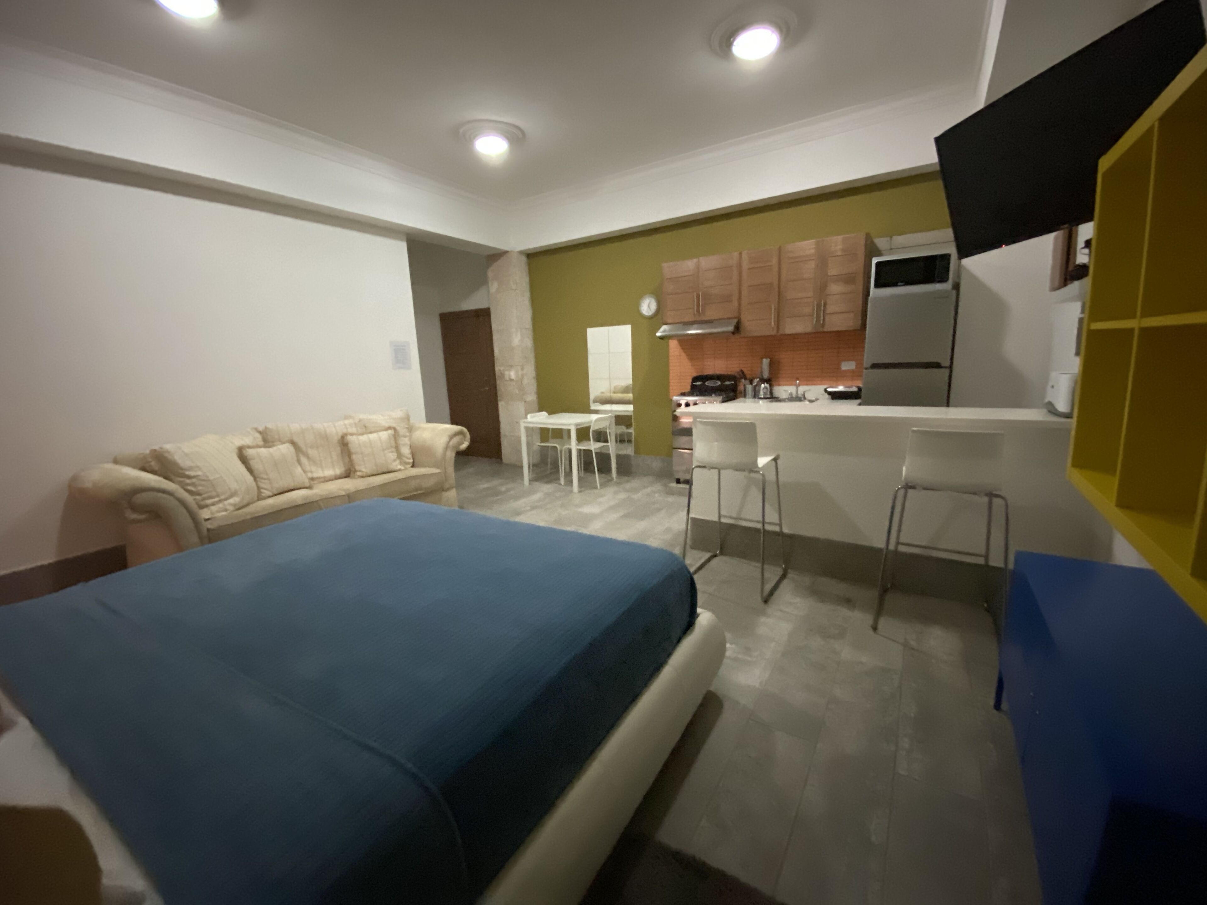 A compact living space with a bed, a sofa, a dining table, and a kitchenette.