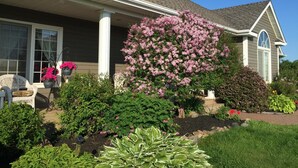 A house with a covered porch, a large flowering tree, and a well-maintained garden.