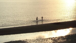 A bridge over calm water with two people running along the shore.