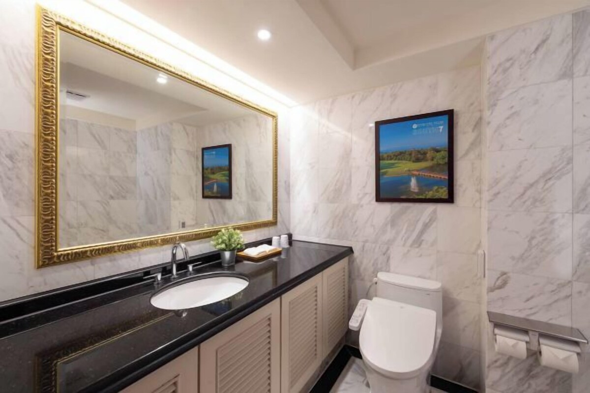 Een badkamer met een marmeren wand, een grote spiegel met gouden lijst, een wastafel, een toilet en een lijst met een afbeelding erboven.