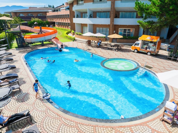 Seasonal outdoor pool, pool umbrellas, pool loungers