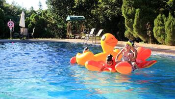 Seasonal outdoor pool, pool umbrellas, pool loungers