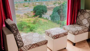 Una habitación con dos sofás estampados frente a un ventanal con vistas a un paisaje verde y edificios lejanos.