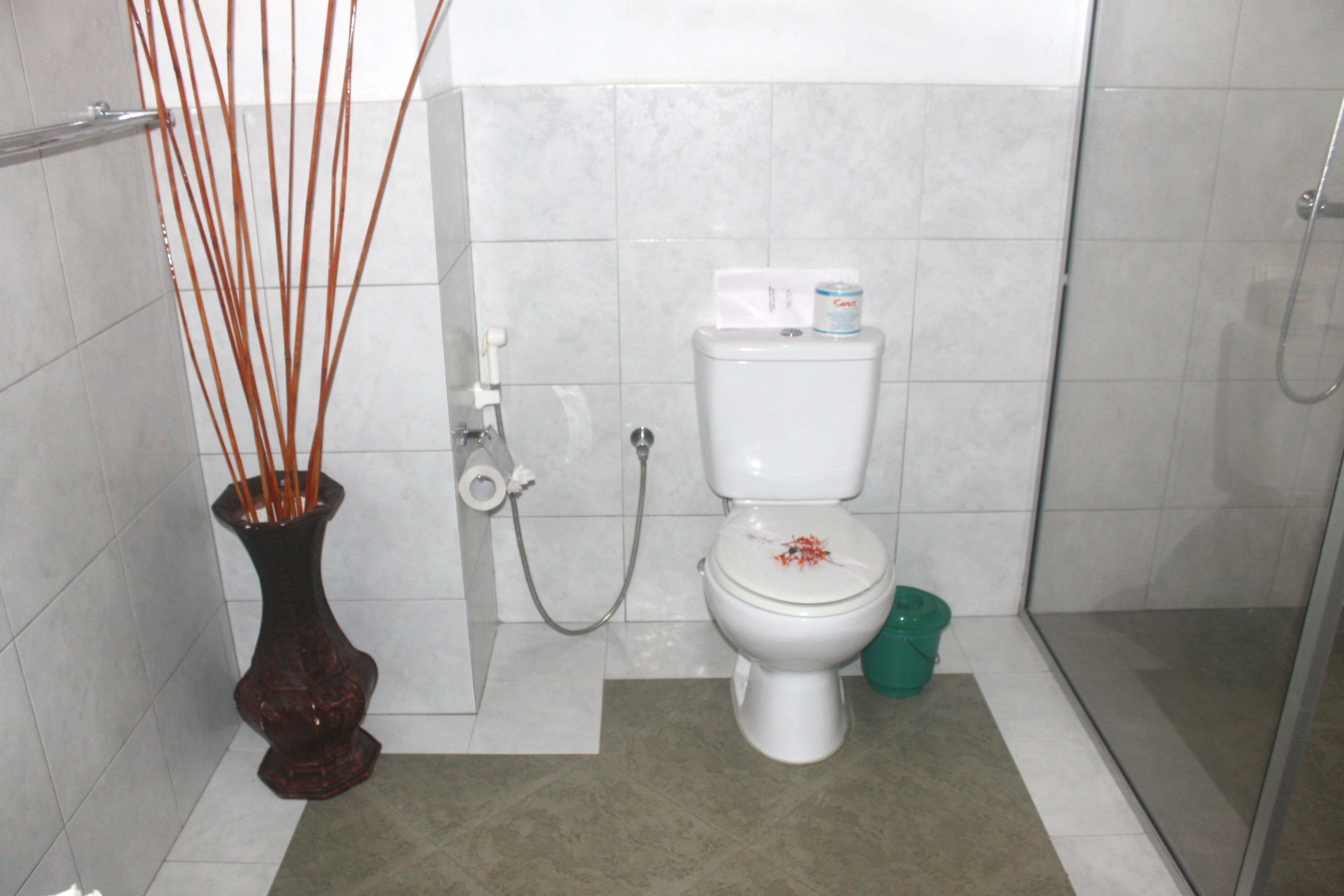 Un baño con inodoro, ducha y un florero con ramas.