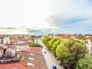 A cityscape with a tree-lined street, historic buildings, and a clear sky. - Iris Florentina (Florence)