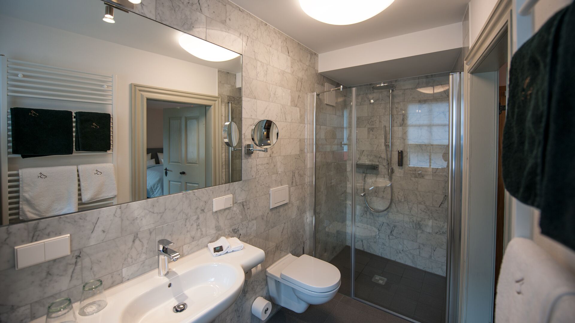 A modern bathroom with a glass-enclosed shower, a white sink, and a toilet.