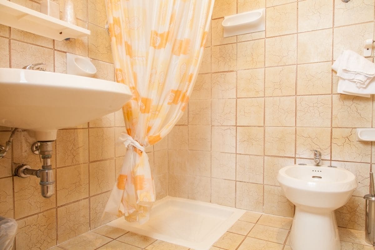 A bathroom with a sink, bidet, and shower curtain.