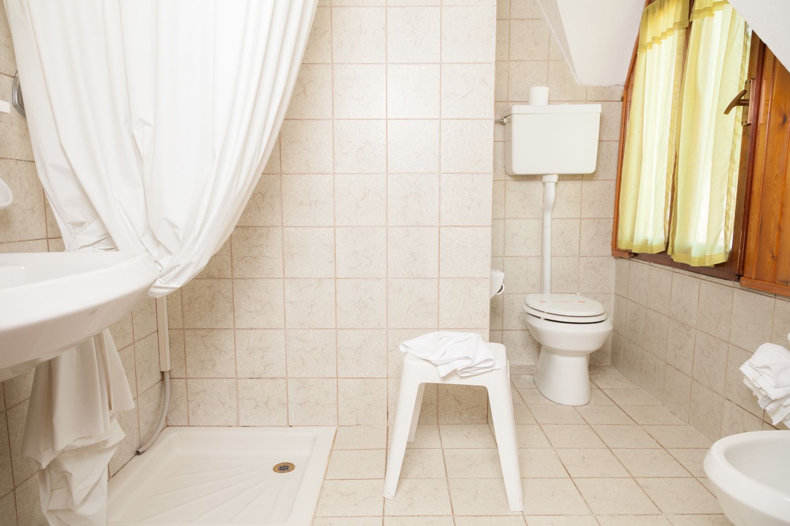 Un baño con inodoro, bidé, ducha y lavabo.