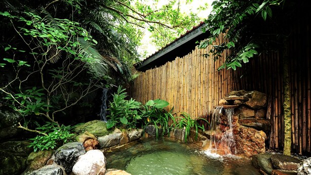 A naturalistic garden with a small pond, bamboo walls, and a waterfall. - Mudanwan Villa (Mudan)