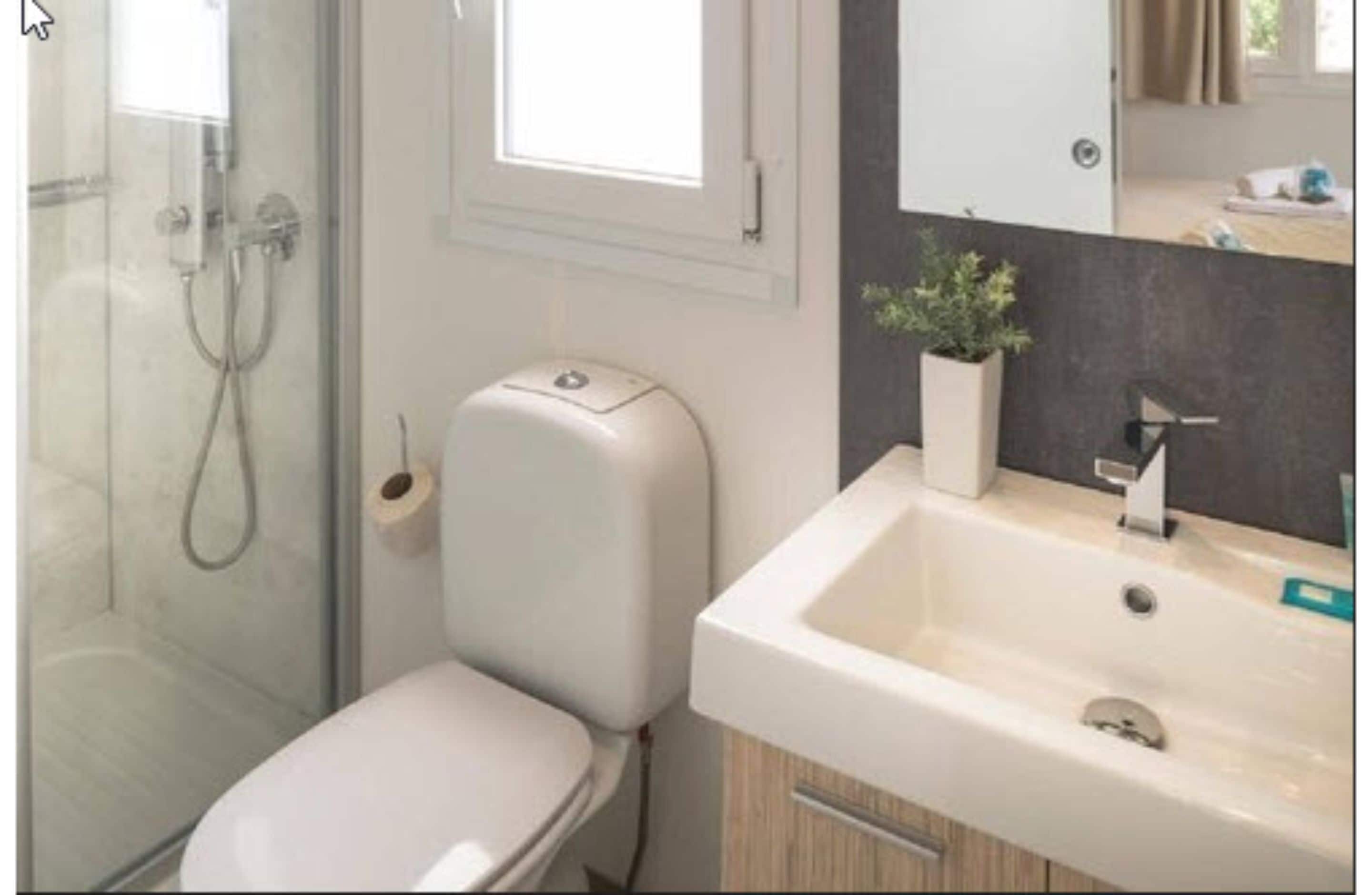 A bathroom with a toilet, shower, and sink.