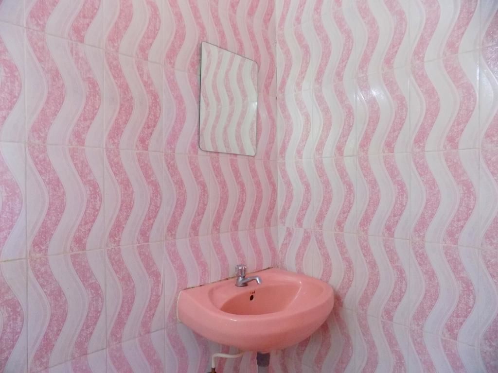 A bathroom with pink and white patterned tiles, a pink sink, and a mirror.