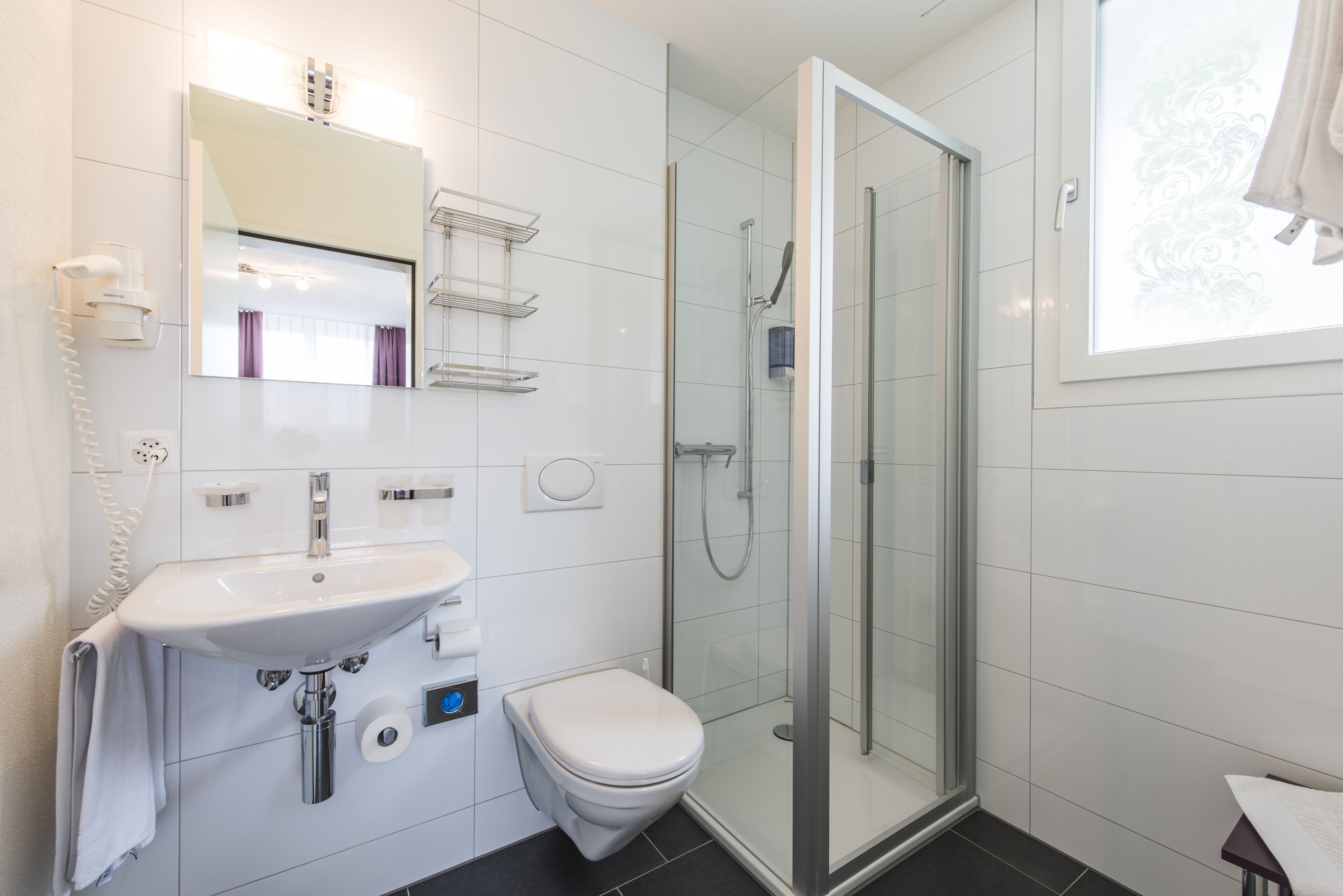 A modern bathroom with a glass-enclosed shower, a white sink, and a toilet.